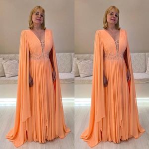 Light orange Mother Of The Bride Dresses with cape v neck Wedding Guest Dress beaded appliqued waist pleats floor length Evening Gowns