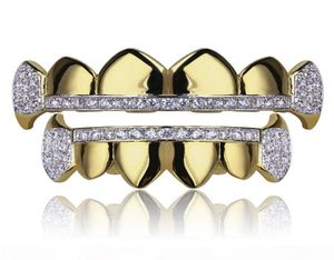 18K настоящие золотые зубы Grillz Caps Iced Out Top Looth Fangs Fangs Dental Grill Set Whole2992521
