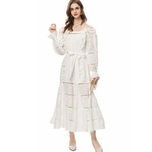 Women's Runway Dresses Square Neckline Long Sleeves Embroidery Hollow Out Fashion Designer Maxi Vestidos Party Prom Gown