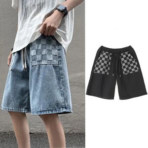 Mens Plaid Wide Leg Denim Shorts Loose Straight Short Jeans Elastic Waist Casual Baggy Hip Hop Fashion Streetwear Summer 240417