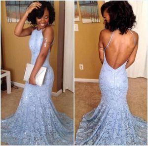 Sexy Backless Lace Mermaid Prom Dresses 2016 Sequins Halter Sweep Train Women Evening Gowns9209153