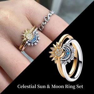 Niebiański Sun Moon Pierścień Zestaw Sterling Sier Biżuter