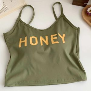 Women's Tanks HELIAR Women Letter Printed "HONEY" Crop Tops With Bra Female Tube Top Casual Tank Ice Silk For 2024 Summer