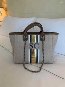 Shopping Bags Personalized Tote Bag Canvas Customised Beige Brown White Gold Chain Handbag Personalised Stripe Initials Gifts For