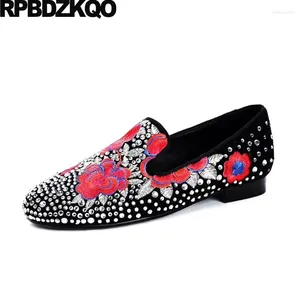 Casual Shoes Sheepskin 45 Flower Floral Sparkling Diamond Rhinestone Slip On Nubuck Men Plus Size Embroided Sparkly Flats Loafers Bling