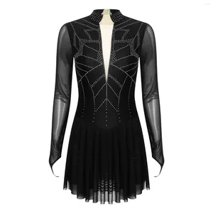 Stage Wear Womens Figure Ice Skating Dress Dance Performance Competition Costume Rhinestones Mock Neck Sheer Mesh Long Sleeve Leotard