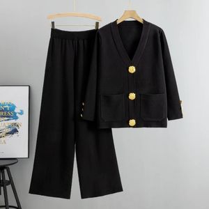 Conjuntos de malha de mola moda de manga longa v pescoço cardigans women women ol suéter duas peças terno 240423