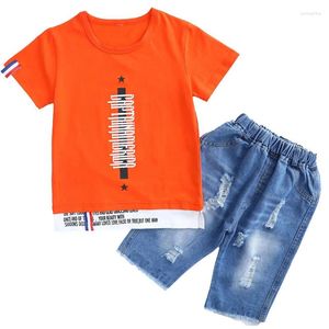 Giyim Setleri Boy 22 Renk 4-14 Yıllık Giysiler Spor Takım 2024 Yaz Moda Günlük Kısa Kollu T-Shirt Jeans Çocuk Set