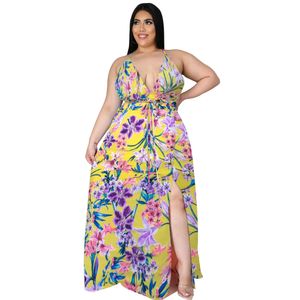 Designer women's clothing 2024 new summer Womens Bohemian floral dress open back split deep V large Jumpsuit dress woman dresses models casual mini club dress BHW5