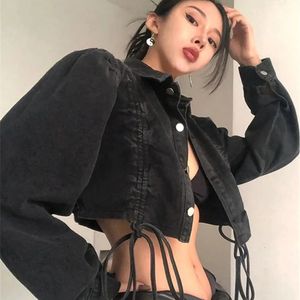 Houzhou vintage kırpılmış denim ceket kadınlar bahar Kore moda sokak kıyafeti siyah kısa jean ceket gotik tarzı estetik üstler 240423