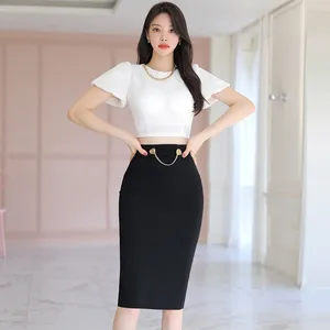 Work Dresses Summer Elegant Two Piece Set Women Korean Fashion Slim Short Sleeve Crop Top Bodycon Skirt Office Lady Women's Suit