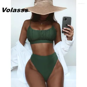 Kvinnors badkläder sexiga ruched baddräkter hög midja halter bikini set solid armé gröna kvinnliga brasilianska biquini två stycken kvinnor simning slitage