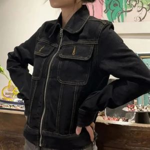 Defekten Vintage Vintage Cropped Denim Jacke Frauen Japaner 2000er Jahre Y2k Streetwear Spring Gothic Reißverschluss Jean Mode Jackets Coats 240423