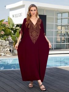 Wine Red Women's Brodered Kaftan Bohemian Long Dress Homewear Cozy House Robe Beachwear Bathing Suit Cover Up Q1639