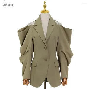 Frauenanzüge Massivfalten Falten Frauen Mantel gekerbte Langschläfe gesammelte Taillengeschnittene Blazer 2024 Modekleidung aus