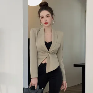 Women's Suits Retro Casual Short Sleeved Waistband Blazer Coats Commuting Solid Color Pleated Single Breasted Irregular Suit Jackets