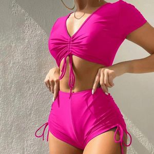Damskie stroje kąpielowe seksowne bikini stylowy letni zestaw z topą w szyku w dekolcie wysokim talii pnie kąpielowe stałe stałe kolor na plażę