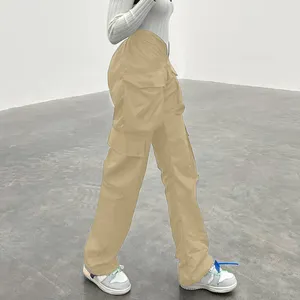 Kadın Pantolon Kadın Yüksek Bel Düz Renk Gevşek Düz Geniş Bacak Moda Büyük Boy Vintage Y2K Çok Cep Kargo Baggy