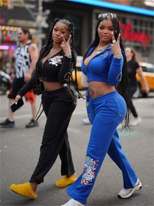 Aualay y2k svarta tryckta hoodies Sweatpant Party Club Clothing for Women 2024 Spring Blue Graphic BodyCon 2 Two Piece Pants Set 240424