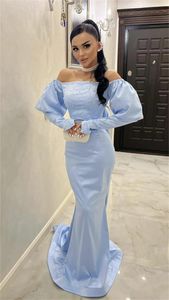 Party Dresses Light Sky Blue Long Sleeves Prom Mermaid Boat Neck Beadings Sweep Train Saudi Arabia Women Evening Dress