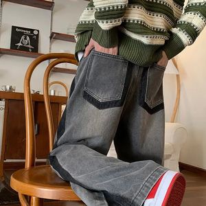 Man Cowboy Pants Prosty vintage męskie dżinsy Patchwork Spodnie szerokie noga z kieszeniami Oryginalny japoński styl uliczny Y2K 240426