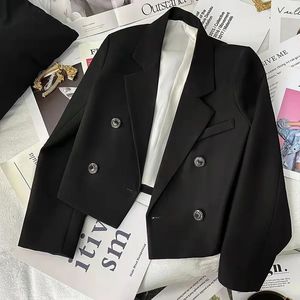 Lucyever Blazers kadın mizaç çifte göğüslü kırpılmış elbise ceket kadın düz renkli uzun kollu ofis bayanlar blazer 240424