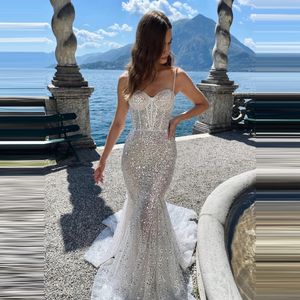 Glitter Beaded Sequined Mermaid Wedding Dresses Spaghetti Straps Bride Reception Gowns With Court Train Sweetheart Sleeveless Long Beach Bride Dress