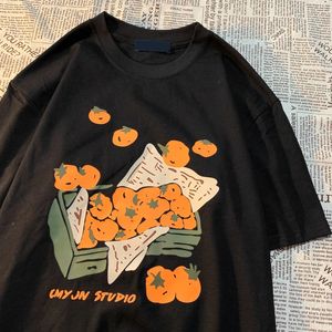 Caixa original de laranja americana retro divertida impressão solta e versátil BF Camiseta de manga curta pura de algodão pura 240423