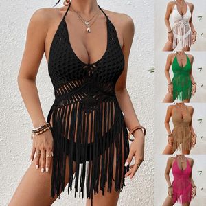 Women's Crochet Knit Halter Vests Solid Color Bikini Cover-ups 2024 Summer Swimwear Backless Tie-up Deep V Tanks With Tassel