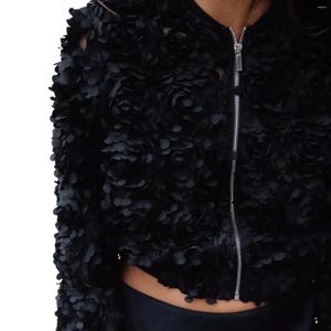 Women's Jackets Zipper Texture Fabric Jacket Short Side Pocket Long Sleeve Top Coat