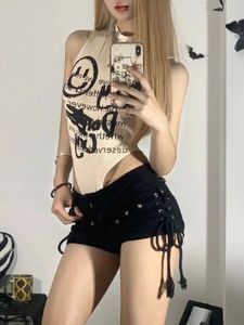 Qweek sexig bandage denim shorts kvinnor amerikansk retro harjuku streetwear punk gotisk student ss 2024 vår sommar mode 240425