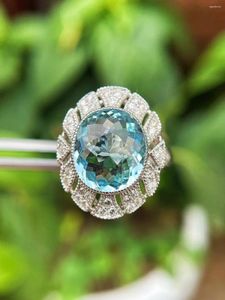 Cluster Rings Natural Aquamarine Ring 18K White Gold With Diamond Genuine Luxury Jewelry Fine Women Classic