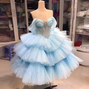 Party Dresses Sky Blue Puffy Tulle Midi Prom Off Shoulder Fluffy Layered Cocktail Gown Sweet Women Short Formal Occasion Dress
