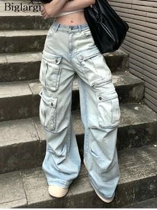 Kvinnors jeans vår sommar bred ben byxa kvinnor retro mode lösa veckade damer byxor koreansk stil kvinna denim långa byxor