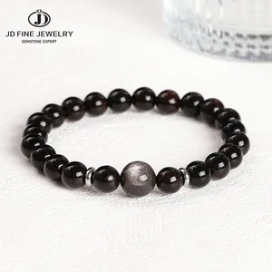 Strand JD Natural Stone Black Sandalwood Silver Color Irisation Obsidian Pärla armband Kvinnor Män Enkel Lucky Stretch Smyckespresent