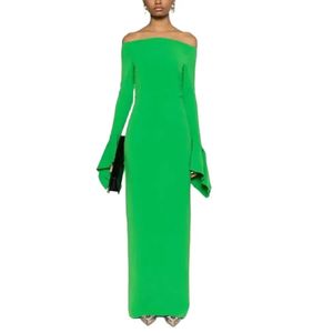 Elegant Long Green Crepe Bateau Neck Evening Dresses with Slit Sheath Muslim One Shoulder Ankle Length Zipper Back Prom Dresses Party Dresses for Women