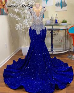 Party Dresses Royal Blue paljett Sliver Crystal Beading Prom Black Girl Mermaid för bröllopskväll Gala klänning Elegant