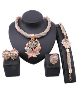 African Dubai Gold Color Leaves Crystal Necklace Earrings Ring Bracelet Jewelry Sets For Women Bridal Party Set1735638