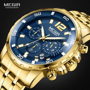 Megir Mens Gold Stael Stael Kwarc zegarki Business Chronograph Analgue Wristwatch For Man Waterproof Luminous 2068GGD-2N3 240428