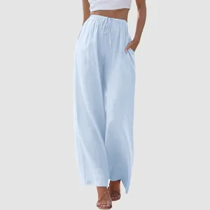 Women's Pants Boho Casual For Women Loose Vintage Solid Basic Drawstring High Waist Wide Leg Trousers Summer Comfy Beach