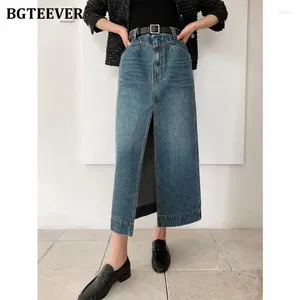 Skirts BGTEEVER Stylish Pockets Female Denim Summer Fashion High Waist Split Straight Women Jeans Autumn