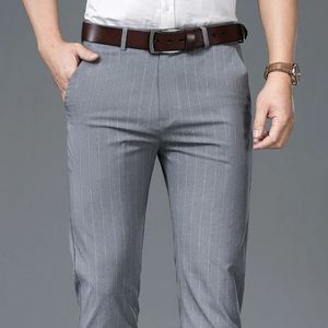 Fashion Striped Pants Mens Ultrathin Summer Business Casual Suit Formal Work Straight Trousers Male Black Grey 240417