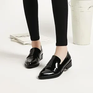 Casual Shoes For Women Patent Leather Pointed Toe Woman Footwear Shining Normal Black Low Heel Elegant Square Heels Career 39 E