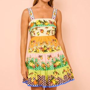 2024 Summer New Fashion Beer Pear Fruit Print Sling Dress Sexy Back Hollow Bow Tie Mini Dress Women's Sexy Vacation Beach Skirt