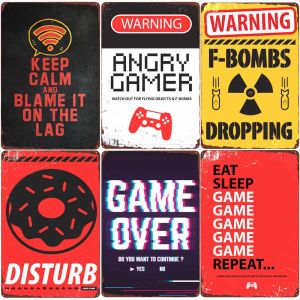 Предупреждение Angry Gamer Fashion Develice Vintage Tin Sign Gaming Repater Club Home Boys Decor Decor Eat Sleep Game Смешные наклейки на стены размеры размером 30x20 см.