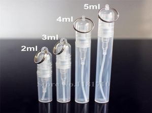 50pcslot 2ML3ML4ML5ML Plastik Parfüm Sprey Şişe Parfüm Atomizer Anahtarlık Halkası Kozmetik Örnek Test Şişesi Tanıtım T6044095