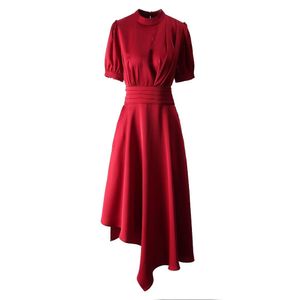 Vestido de coloração sólido de verão vermelho colar de manga curta colar na cintura com cintura midi vestidos casuais a4a291534