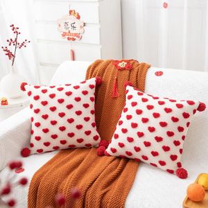 Pillow Wedding With Plush Balls And Flower Patterns Red Heart-shaped For Valentine's Day