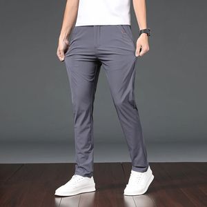 Summer Thin Ice Silk Casual Pants Mens rak klassisk bekväm hög elastisk smal byxor Male Black Grey Khaki 240429