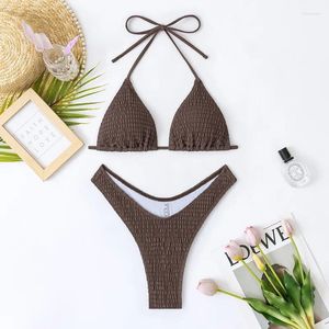 Women's Swimwear Sexy Wrinkled Solid Brown Bikinis Sets Two Pieces Tie Halter Thong Swimsuits Beachwear Bathing Suit Biquini Tankini